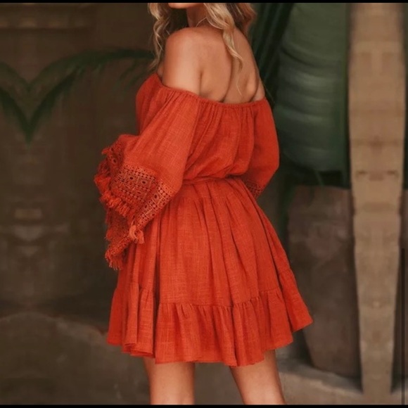 NEW! Red Off The Shoulder Ruffle Dress - Picture 6 of 6